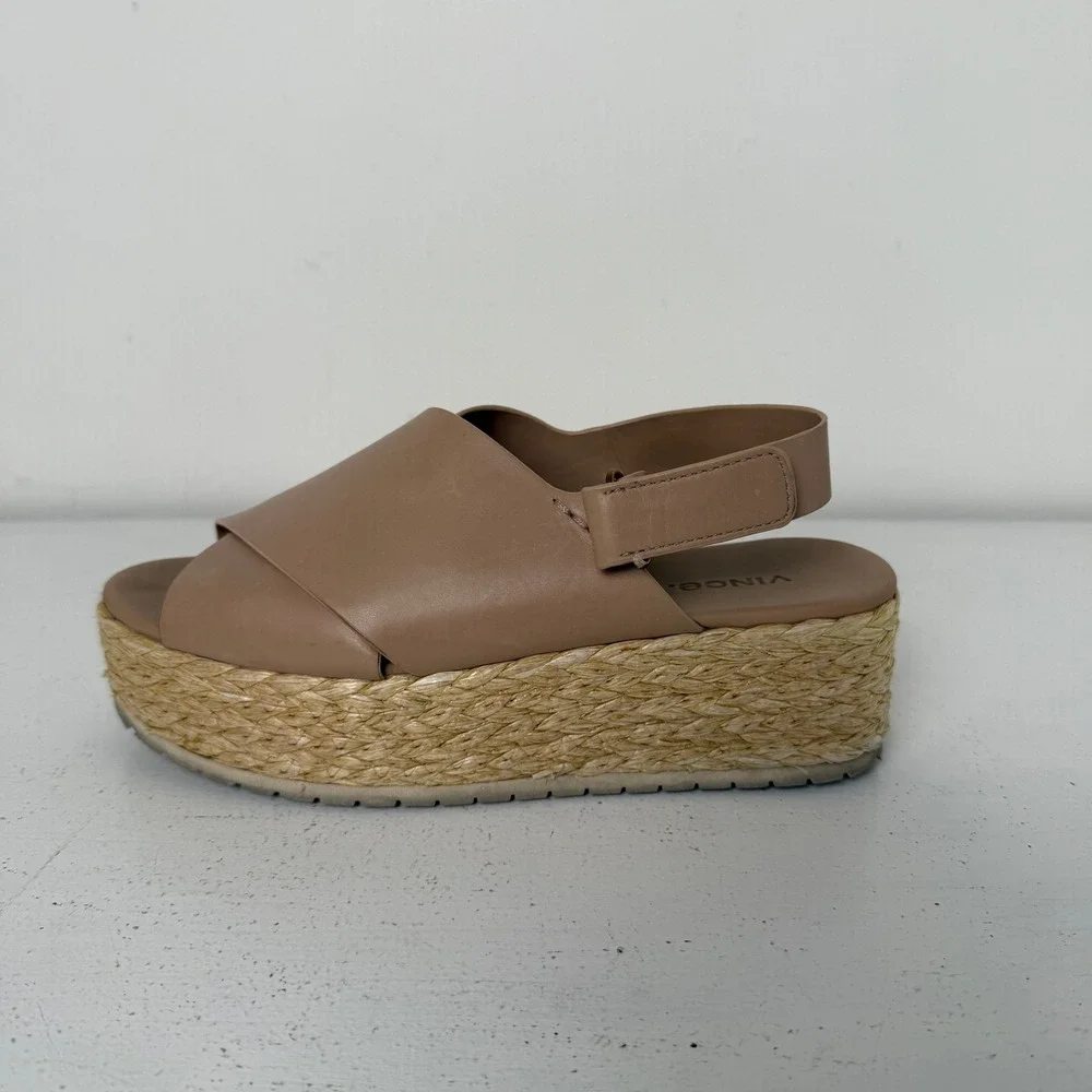Vince Glyn Nude Leather Espadrille Platform Slingback Sandals Womens Tan